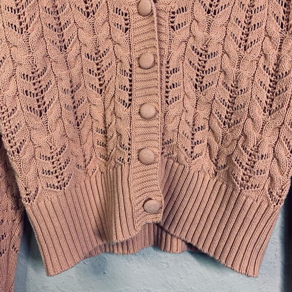 RACHEL ZOE Cardigan Sweater V-Neck Knit Crocheted 3 Button Pale Pink Ribbed Cuff - Picture 8 of 12
